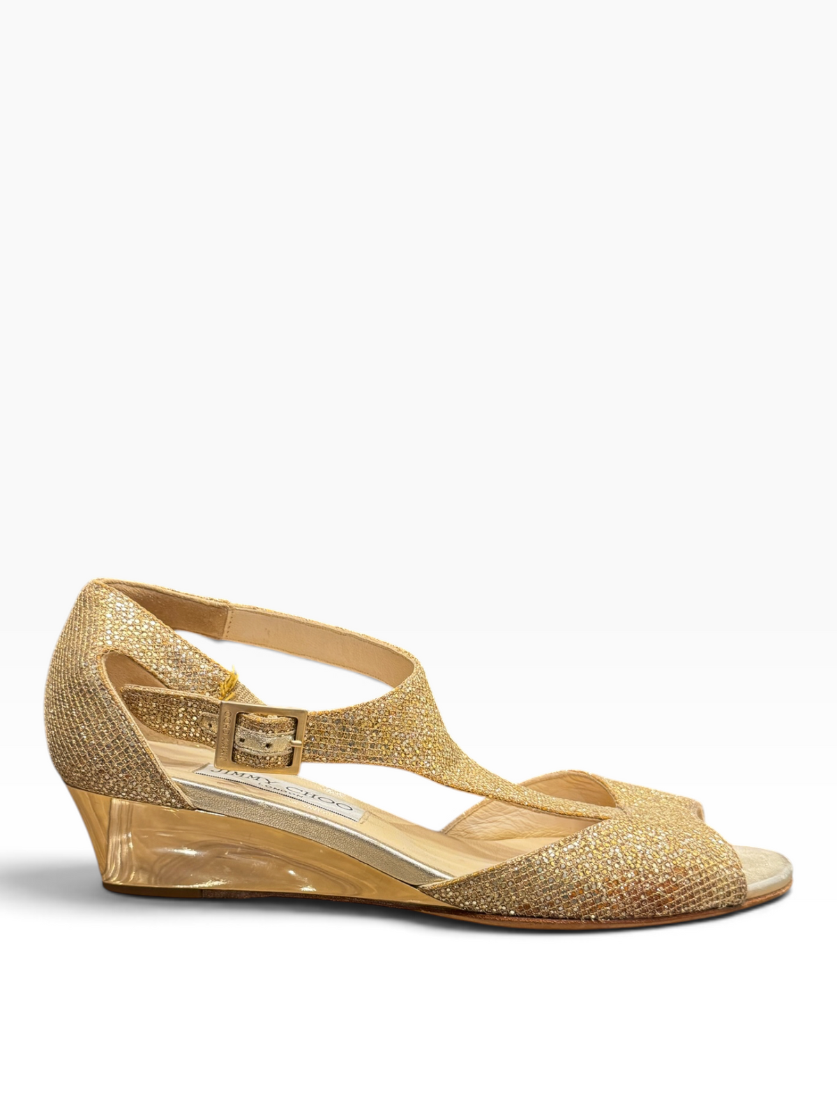 Jimmy Choo Treat Glitter T-Strap Wedge Sandals