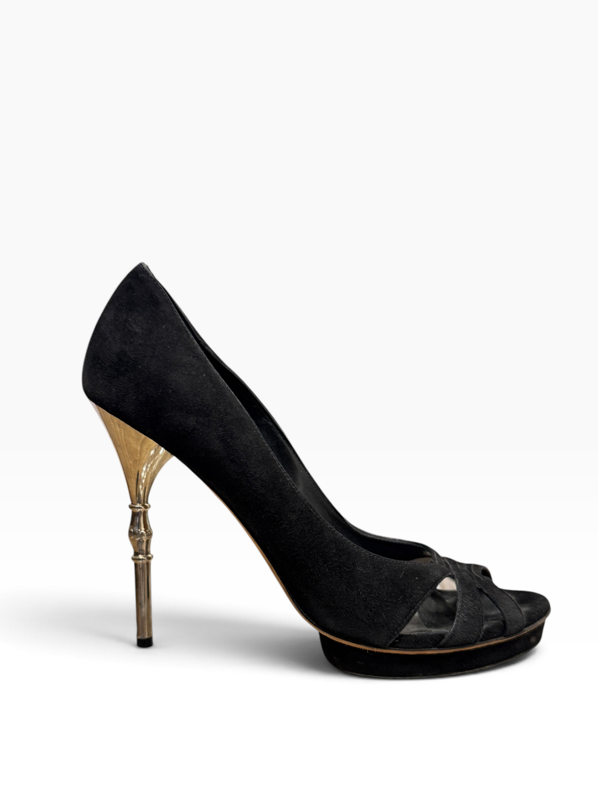 Gucci Debra Black Suede Bamboo Heel Pumps