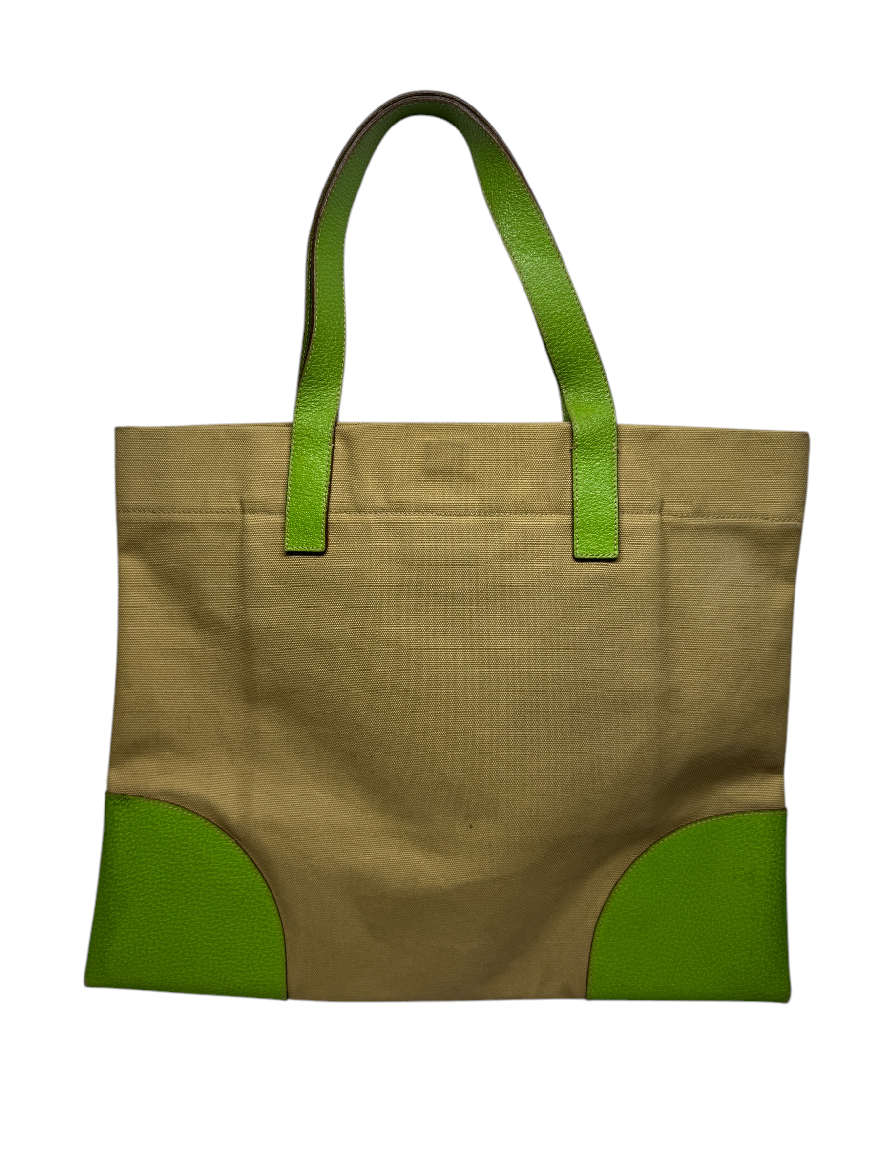 Prada Triangle Logo Canvas Beige/Green Tote Bag