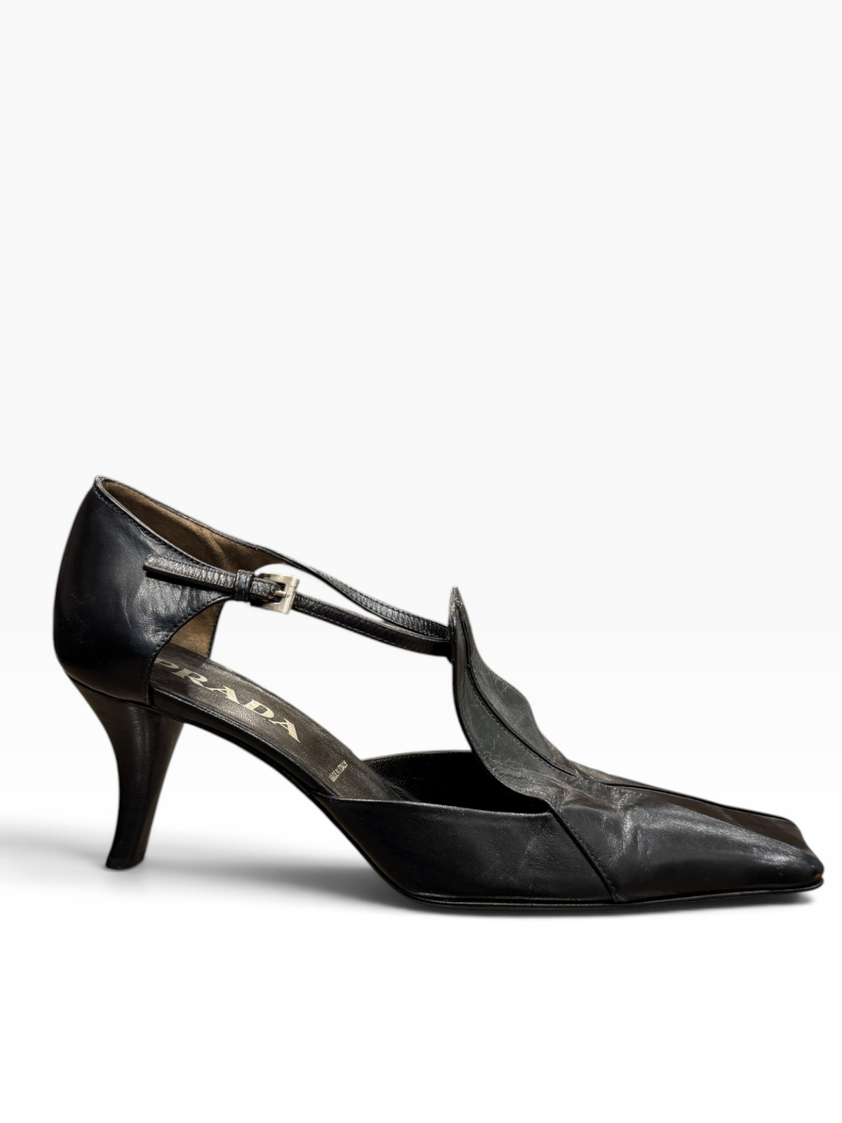 Prada Leather Square-Toe Strap Kittten Heels