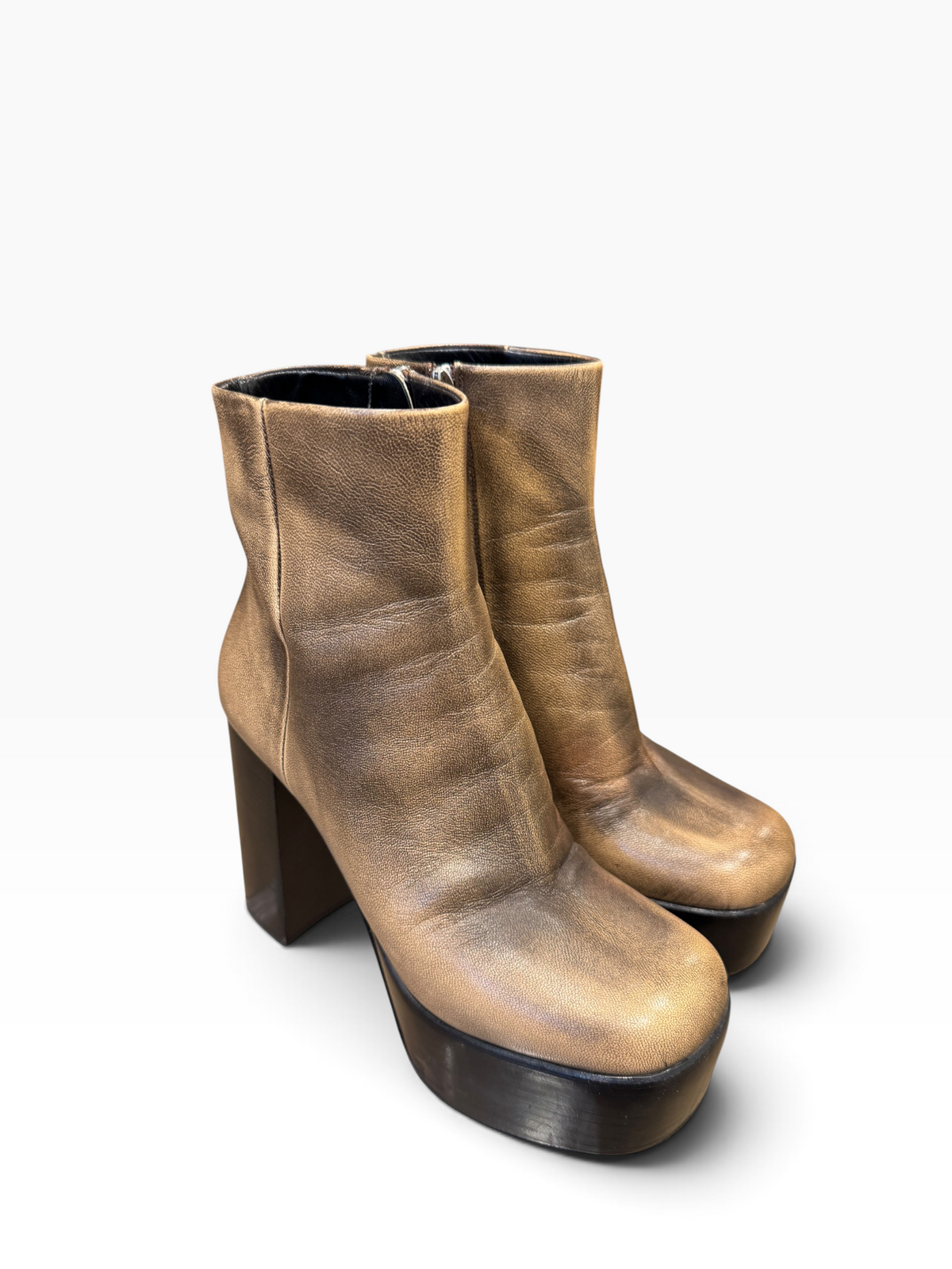 Miu Miu Metallic Distressed Leather Platform Ankle Boots