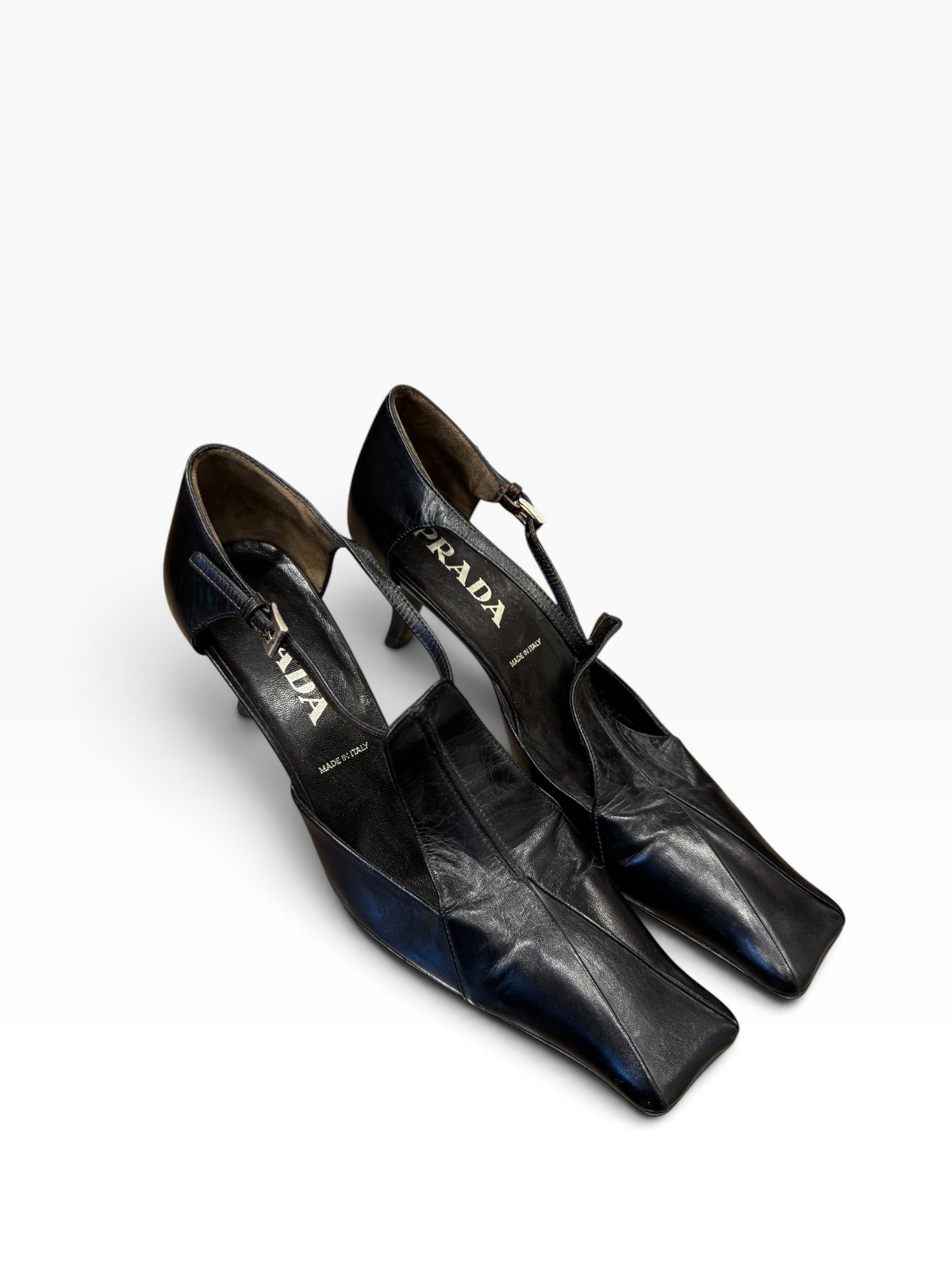 Prada Leather Square-Toe Strap Kittten Heels