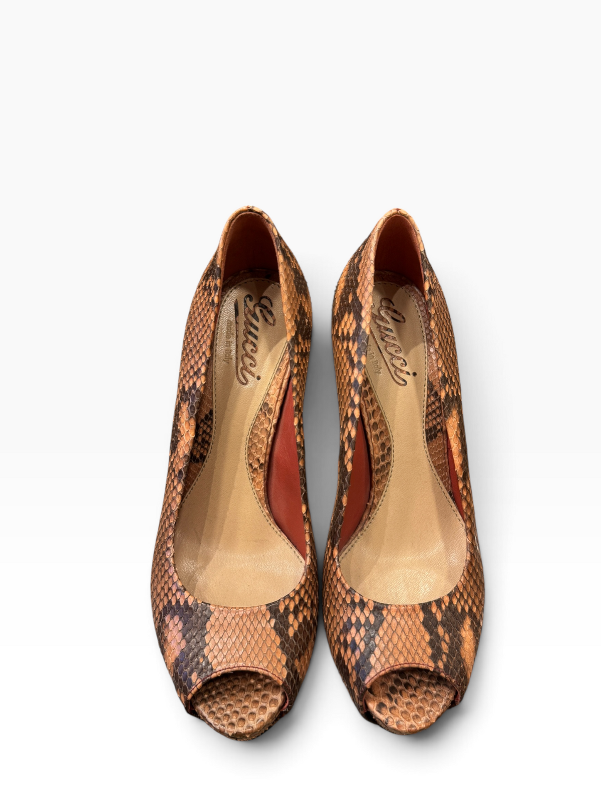 Gucci Debra Brown Python Platform Peep-Toe Pumps