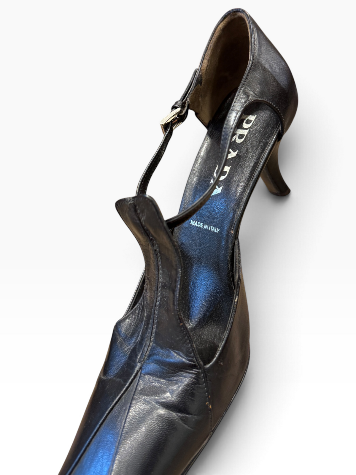 Prada Leather Square-Toe Strap Kittten Heels