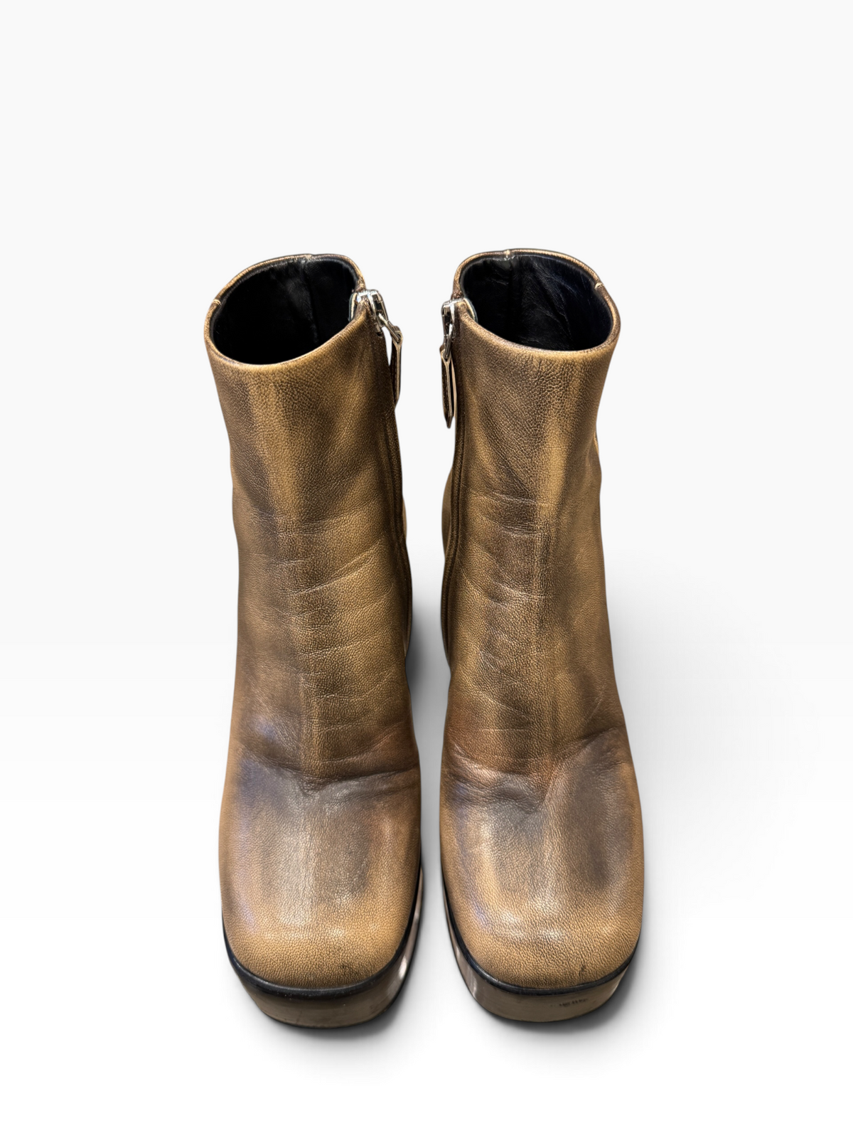 Miu Miu Metallic Distressed Leather Platform Ankle Boots