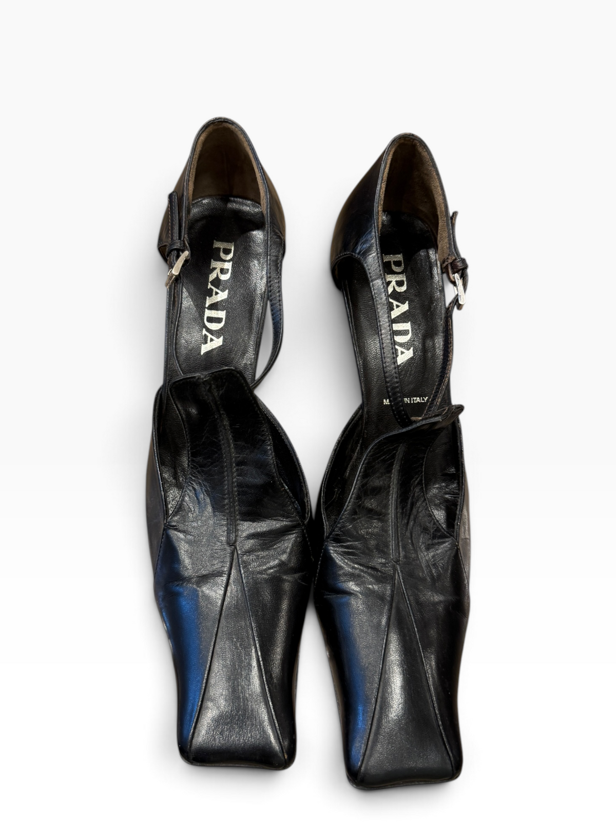 Prada Leather Square-Toe Strap Kittten Heels