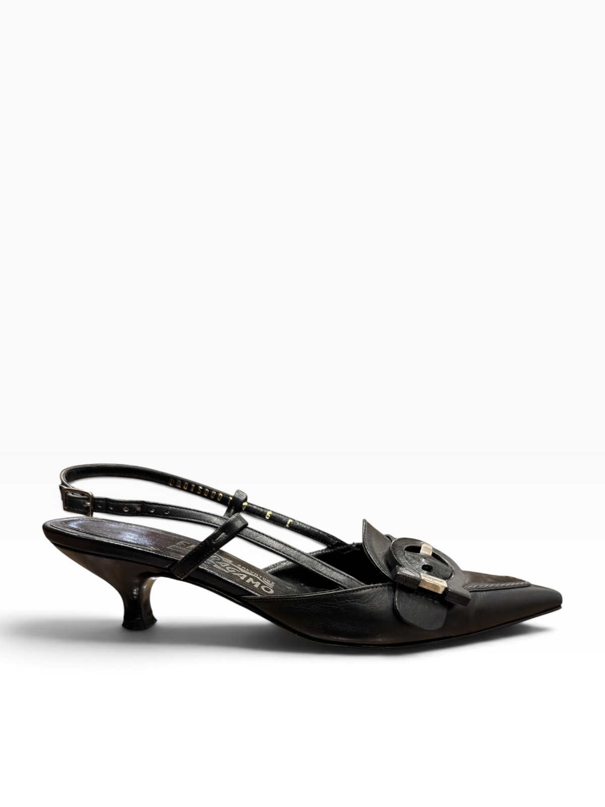 Salvatore Ferragamo Black Leather Pointed-Toe Buckle Slingbacks