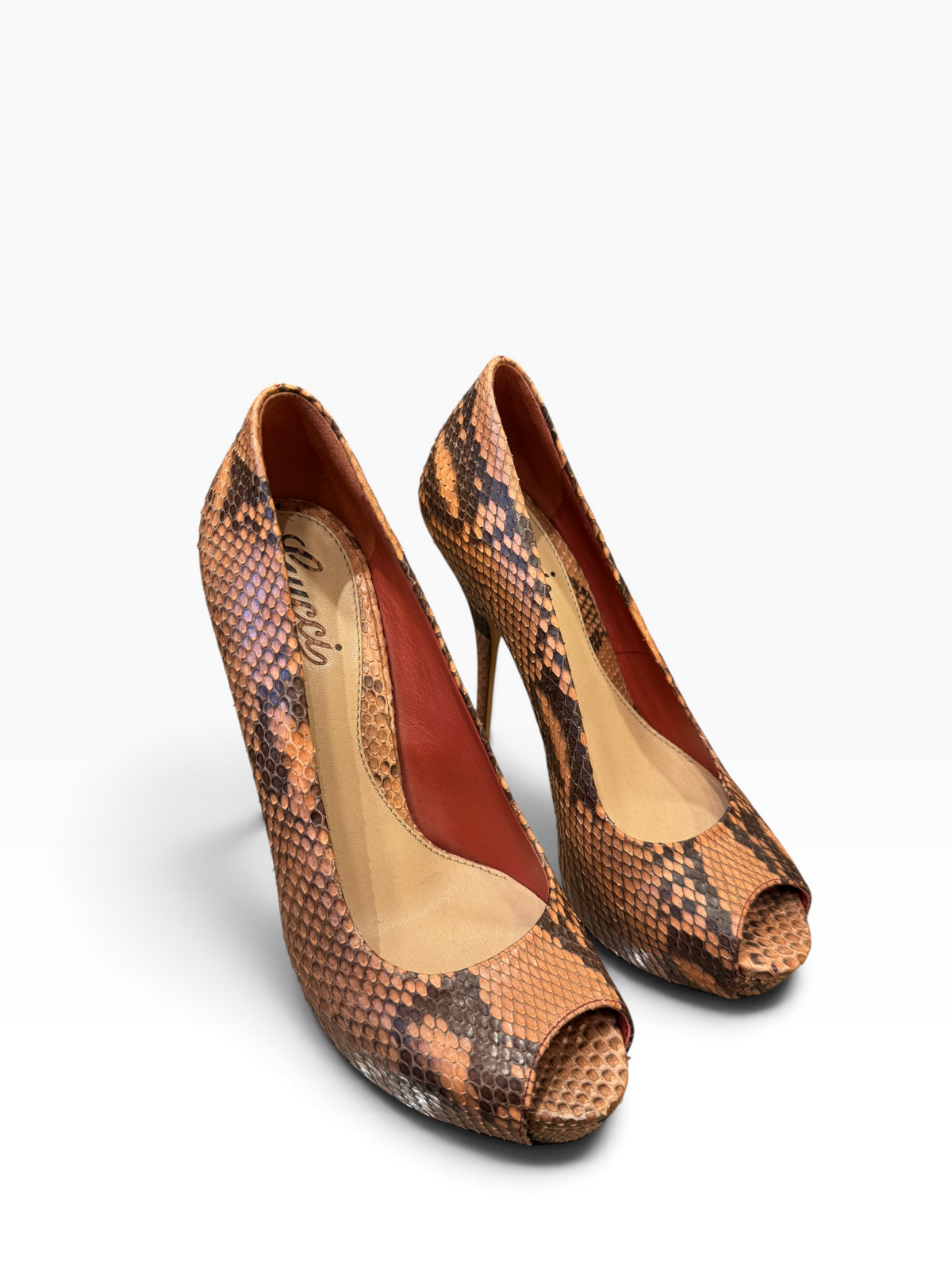Gucci Debra Brown Python Platform Peep-Toe Pumps