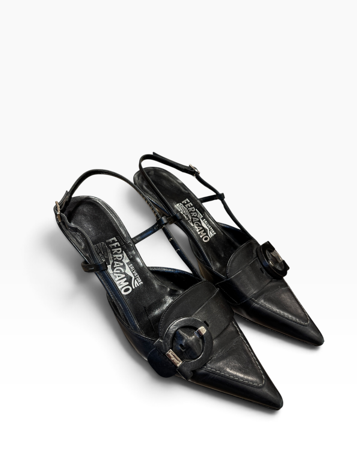Salvatore Ferragamo Black Leather Pointed-Toe Buckle Slingbacks