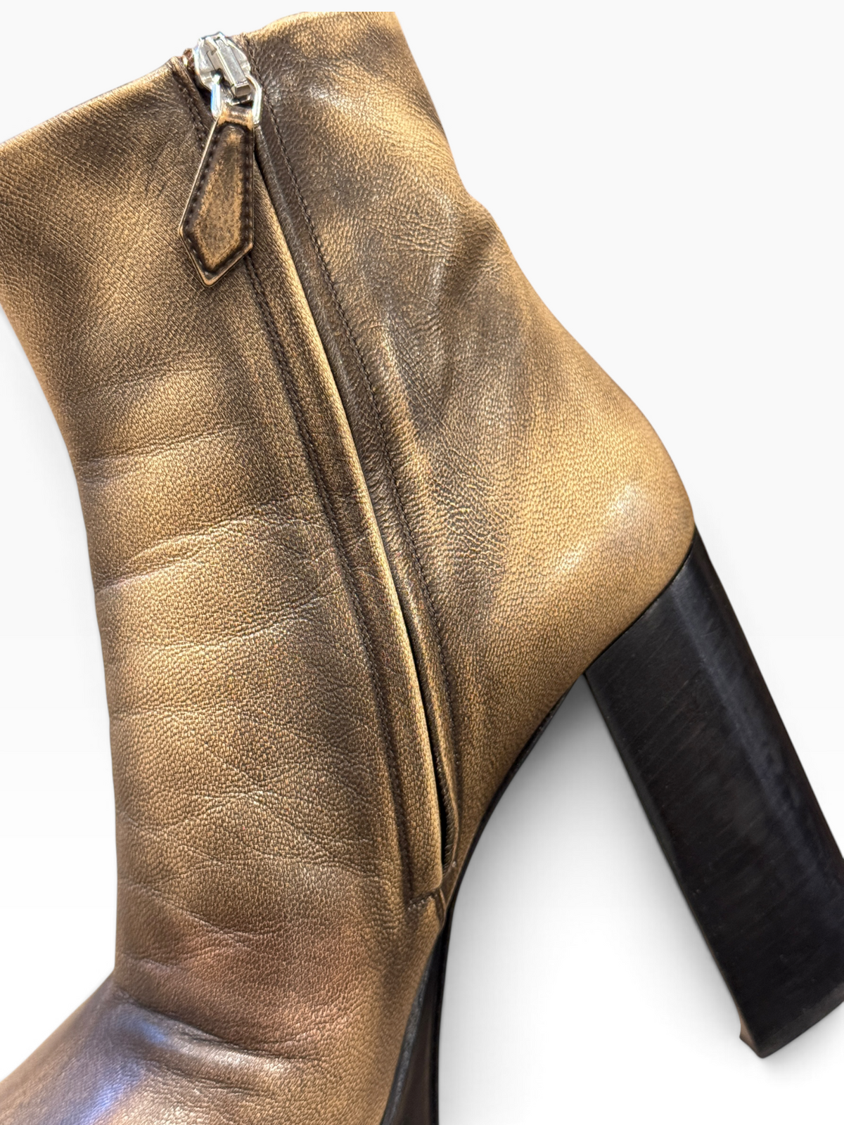 Miu Miu Metallic Distressed Leather Platform Ankle Boots