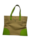 Prada Triangle Logo Canvas Beige/Green Tote Bag