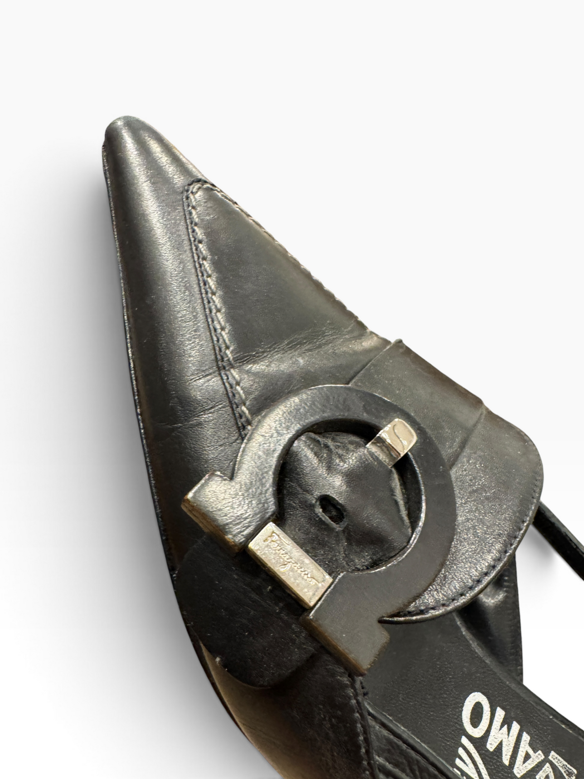 Salvatore Ferragamo Black Leather Pointed-Toe Buckle Slingbacks