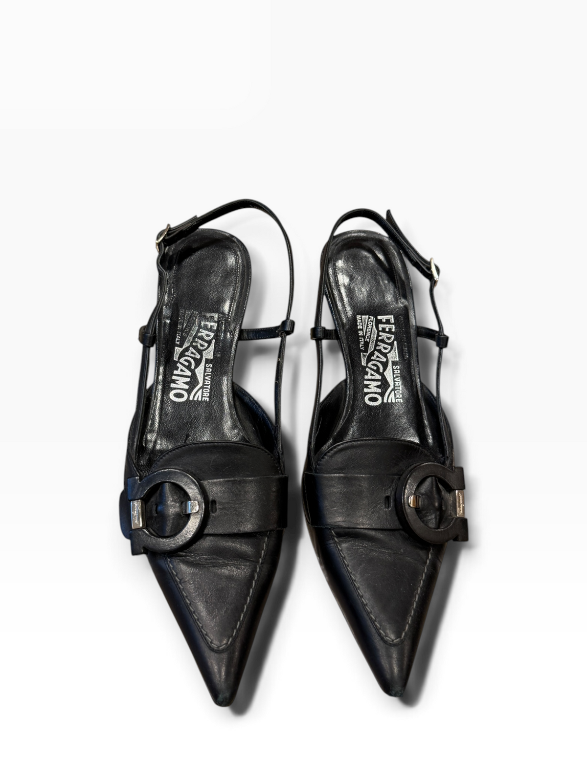 Salvatore Ferragamo Black Leather Pointed-Toe Buckle Slingbacks